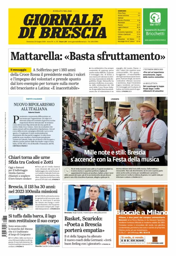 Prima-pagina-giornale di brescia-oggi-edizione-del-2024-06-23